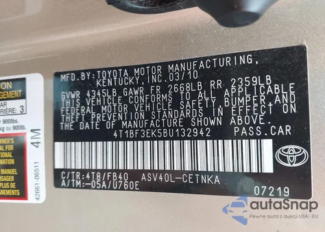 2011 Toyota Camry Le from USA, damaged, VIN 4T1BF3EK5BU132942
